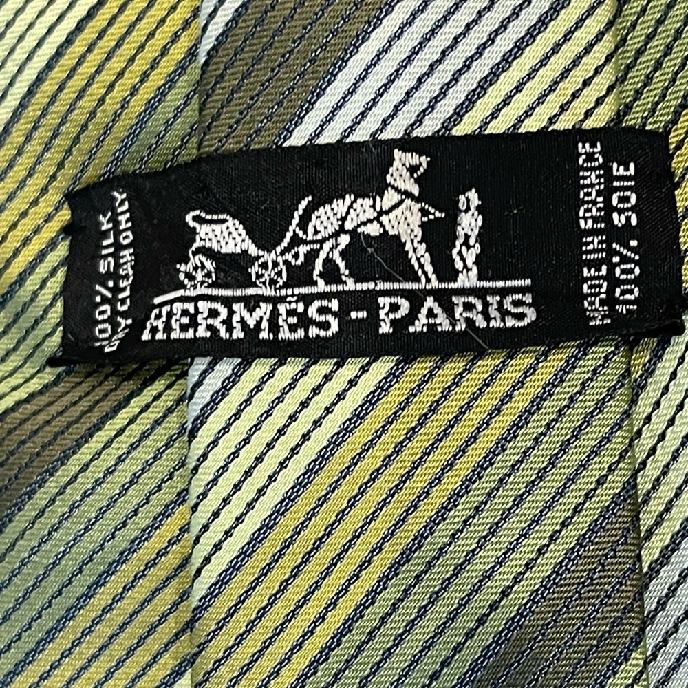 HERMES Tie 100% silk all-over pattern green/gray stripe pattern made in France - Picture 8 of 12